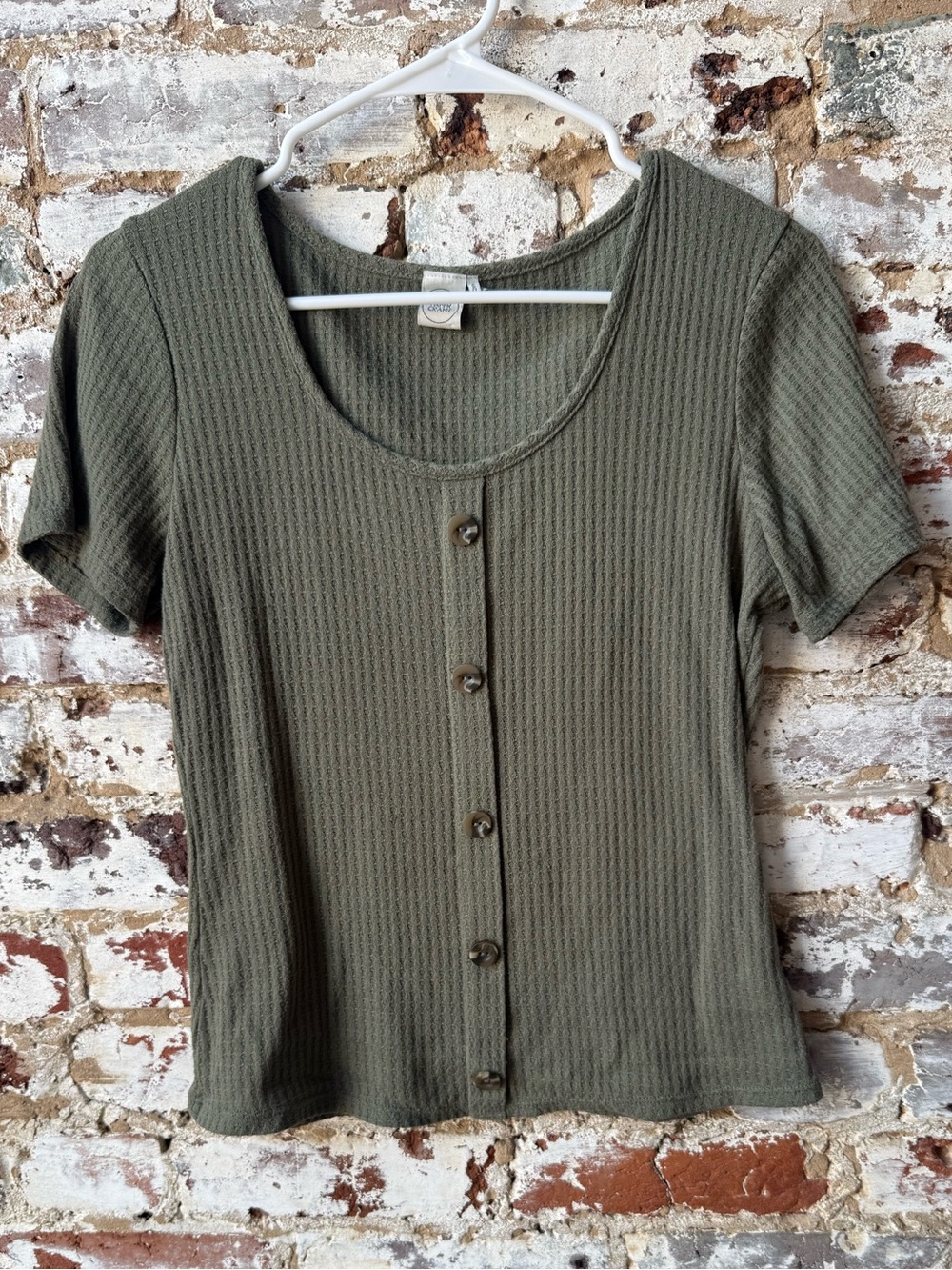 Paper Crane Olive Green Short Sleeve Button-Front Top